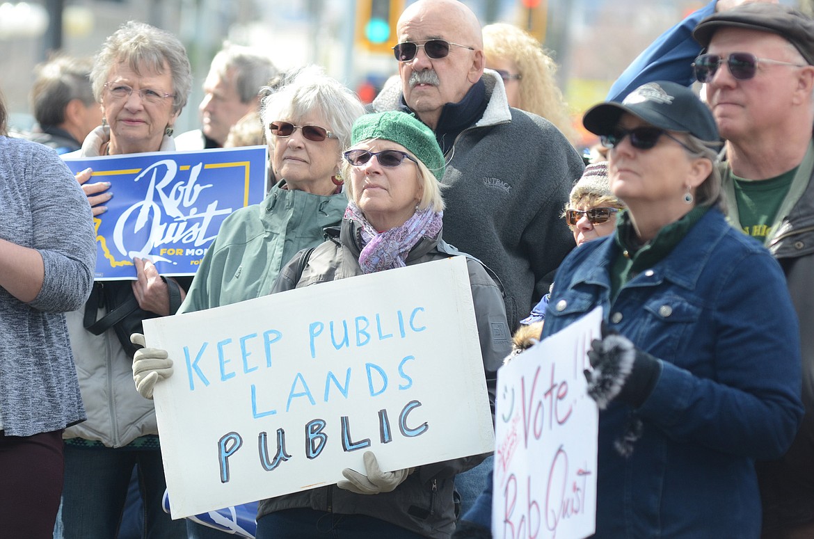 People gather at Depot Park in Kalispell on Saturday for a public lands rally. (Matt Baldwin/Daily Inter Lake)