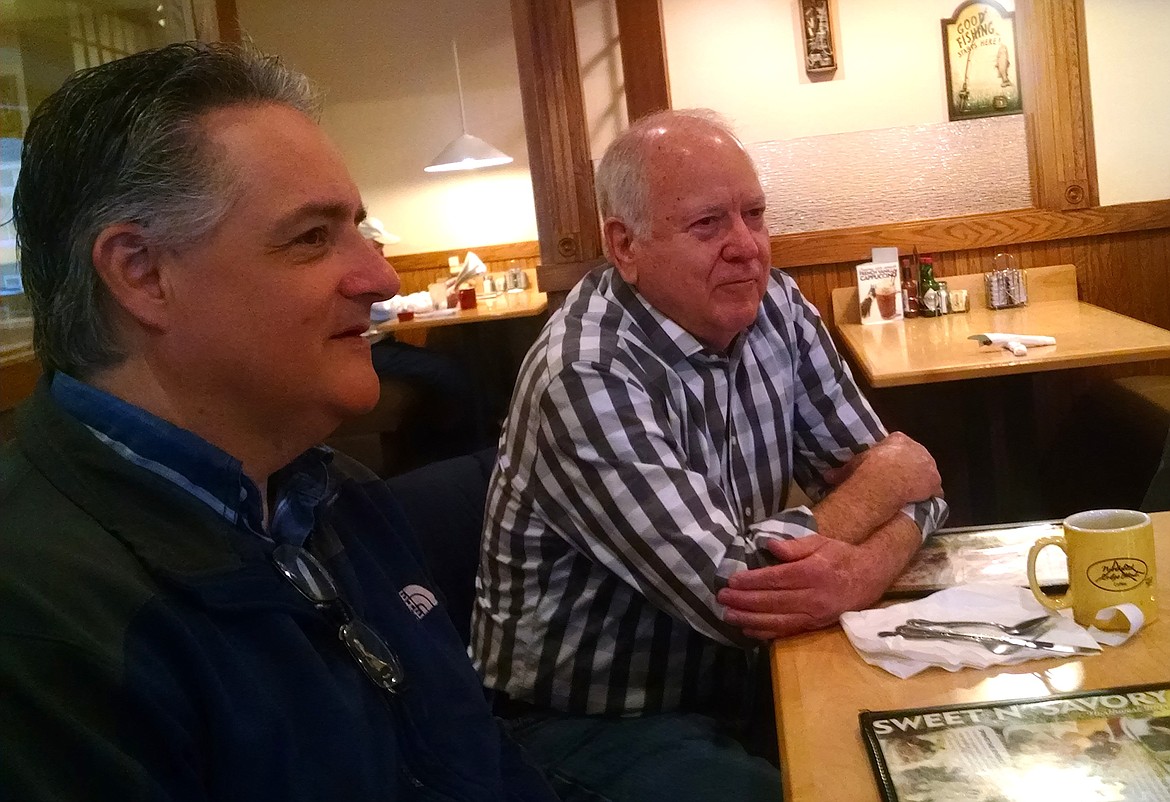 BRIAN WALKER/Press
Coeur d&#146;Alene Mayor Steve Widmyer, left, discussed local topics with &#151; and took jabs from &#151; the Of Cabbbages and Kings breakfast club on Wednesday at Elmer&#146;s in Coeur d&#146;Alene. On the right is John Strobel, a former newspaper editor and adjunct faculty member at the University of Hawaii.
