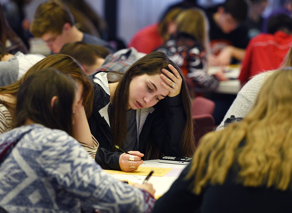 A student takes a test during the Montana Council of Mathematics Teachers Math Contest at Flathead Valley Community College on March 16. (Aaric Bryan photos/Daily Inter Lake)