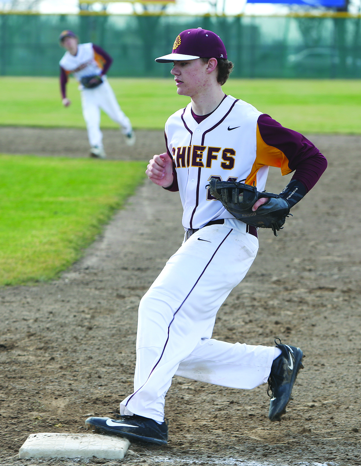 Connor Vanderweyst/Columbia Basin Herald
Moses Lake first baseman Cody Goodwin gets a force out.