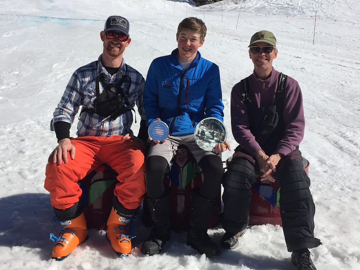 FVSEF Coaches Zak Anderson and Kurt Nelson with Colter Upton celebrating 2nd Place Super G finish in USSA Tri-Divisional Championships at Snowbird, Utah.