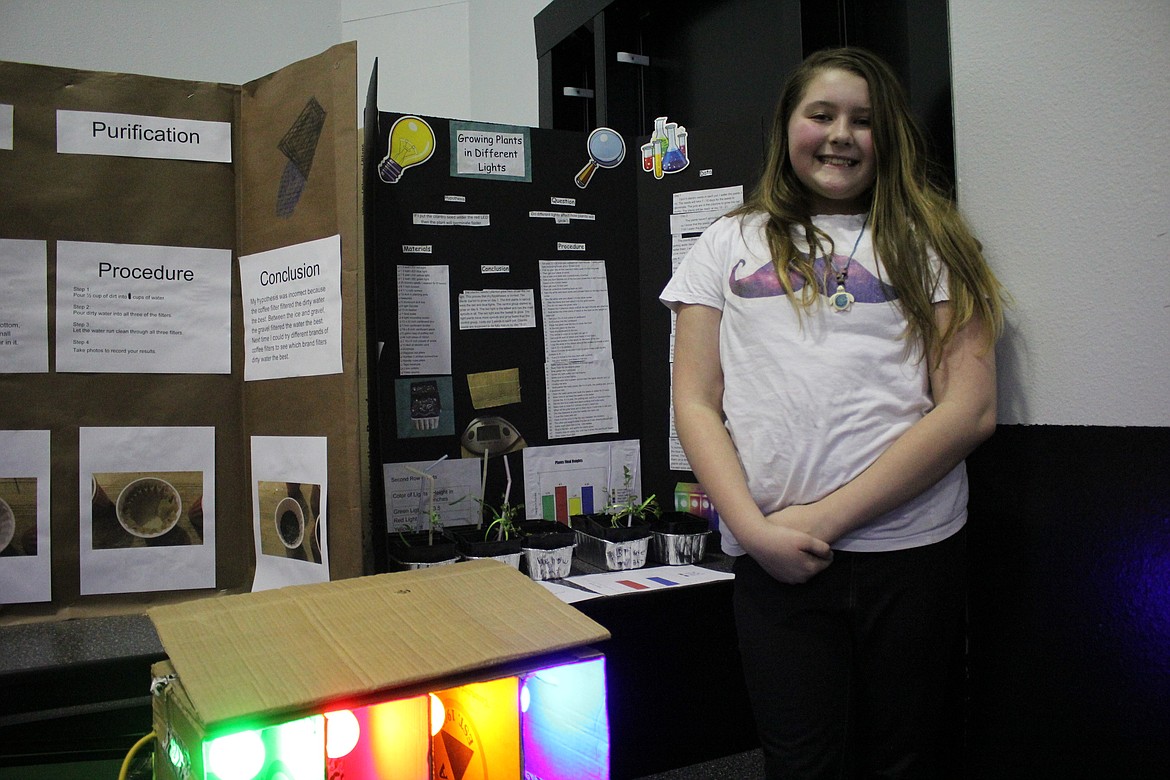 Tia Hendrick, grade 5, won gold again this year for her study of growing cilantro under different colored lights. (Kathleen Woodford/Mineral Independent).