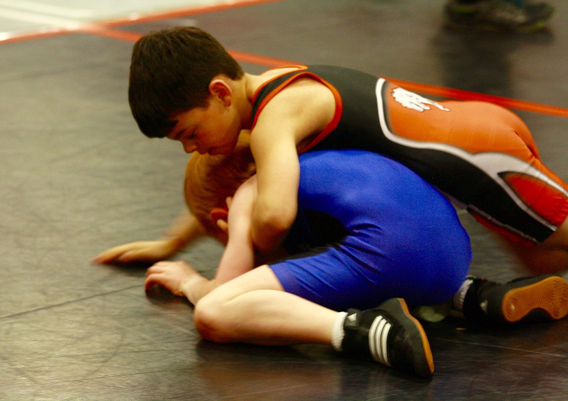 Quinton Wabausee (Frenchtown) has the advantgage and points over Truman Wissenbach (Corvalis) during the Intewr-Valley Wrestling Tournament in Plains. Wabausee would take 1st place.