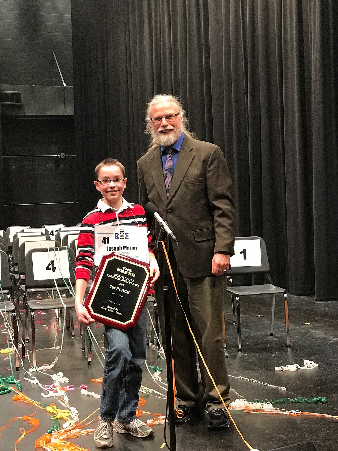 &#151;Courtesy photo
Joseph Moran, a fifth-grade student of NIHEA, poses for a photo with North Idaho Regional Spelling Bee Pronouncer Joe Jacoby after receiving first place at the 2017 North Idaho Regional Spelling Bee.