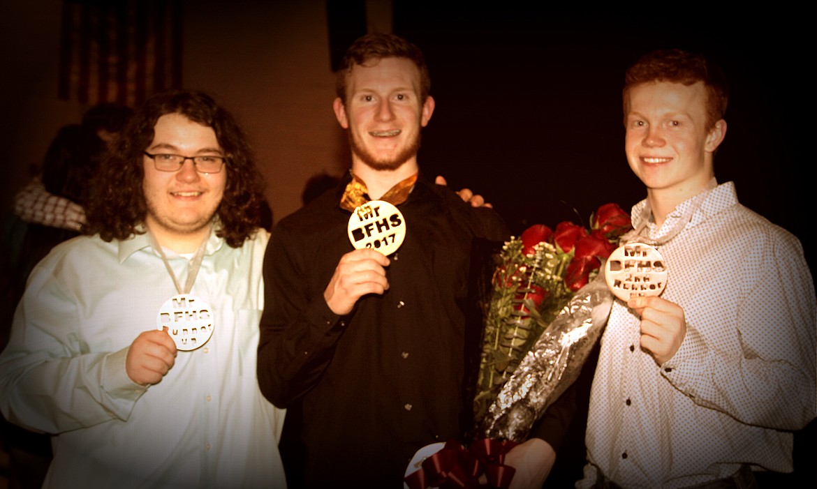 &#151;Photo by STAR SILVA
Mr. Bonners Ferry High School Isaac Lavala, center, 
First Runner Up, David Cossairt, left, and second Runner Up Ethan Wilson on Saturday following the 2017 Mr BFHS fundraiser.