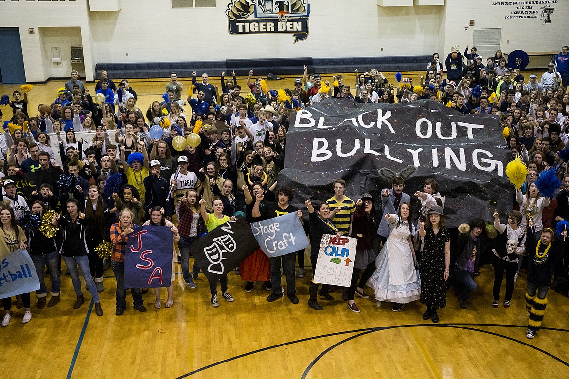 LOREN BENOIT/PressTimberlake High School students sing an anti-bullying cheer for a lip dub video Thursday afternoon at school.  Kindness, empathy and school unity were the big focus for the school's &quot;Black Out Bullying&quot; week. The video should be posted to YouTube and the school's website by early next week.