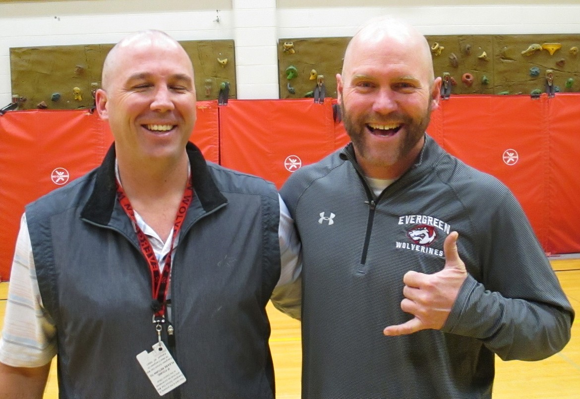 Evergreen Junior High Assistant Principal Shaun Forrest, left, and sixth-grade teacher Don Petersen got their heads shaved by students Monday in the gym after students raised $2,900 to benefit Domanic &#147;DJ&#148; Gallegos, who graduated from Evergreen Junior High in 2016 and was diagnosed with a rare form of cancer this winter. He is currently undergoing radiation and chemotherapy in Colorado. (Photos courtesy of Shaun Forrest)