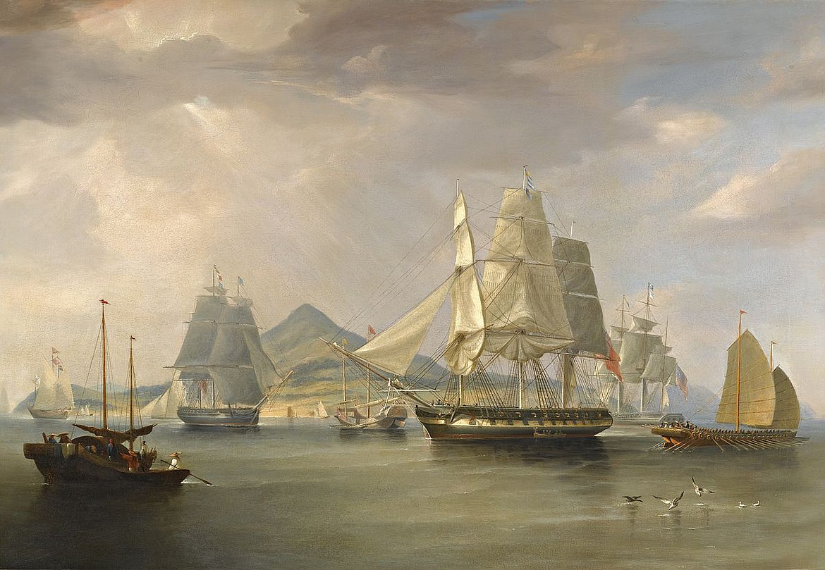 ACQUATINT ENGRAVING BY EDWARD DUNCAN (1838)
Opium ships at Lintin, China, depicting British merchant ship Eugenia, brig Jamesina, and possibly American brig Cadet (1824).