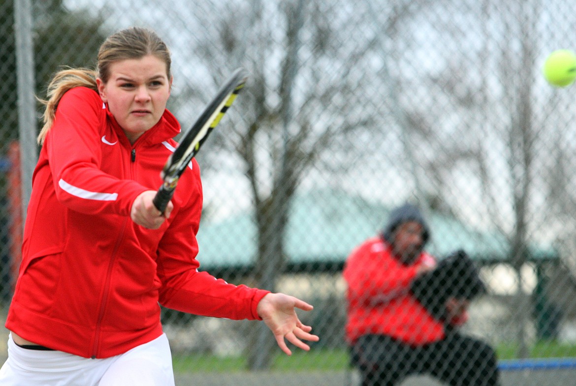 Rodney Harwood/The Sun Tribune - Othello's Tanaya Andersen hits a forehand during the No. 1 doubles match against East Valley. Andersen and her partner Katie Walker remained unbeaten on the season with a straight-set win.