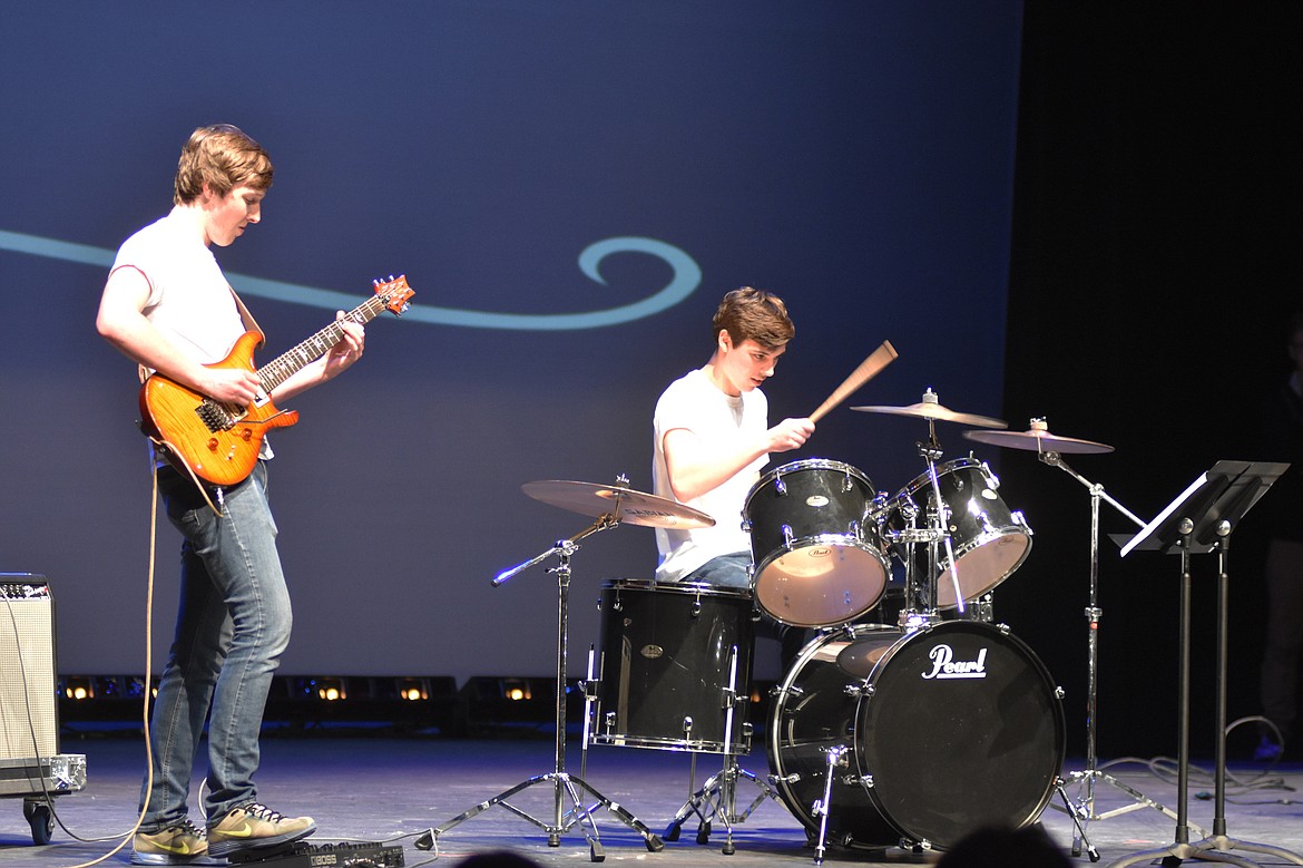 Whitefish High School student council held its annual Talent Show Thursday showcasing the talents of several students who sang, danced and performed comedy acts. Marty Anderson and Ethan Potthoff performed along with Josh Weller. The group performed &#147;Satch Boogie&#148; by Joe Satriani. (Heidi Desch/Whitefish Pilot)