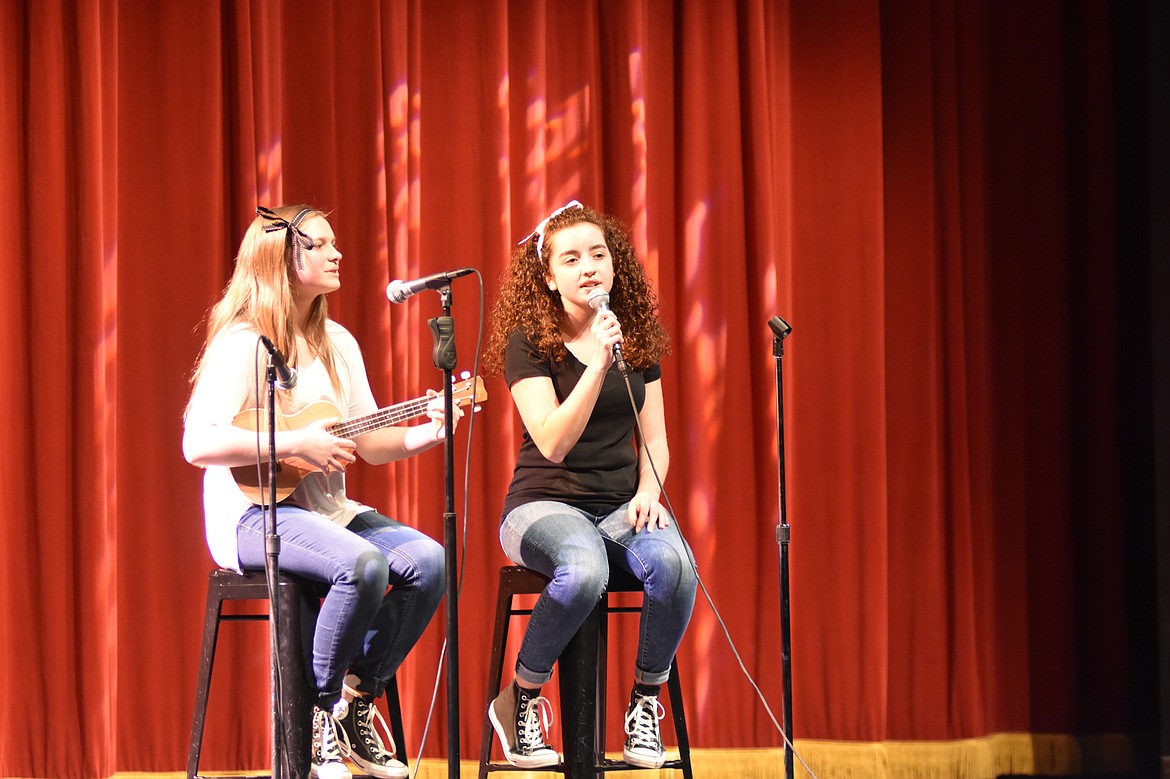 Whitefish High School student council held its annual Talent Show Thursday showcasing the talents of several students who sang, danced and performed comedy acts. Gillian Broughton and Jasmine Reese sing &#147;Someone You Like&#148; by The Girl and the Dreamcatcher. (Heidi Desch/Whitefish Pilot)