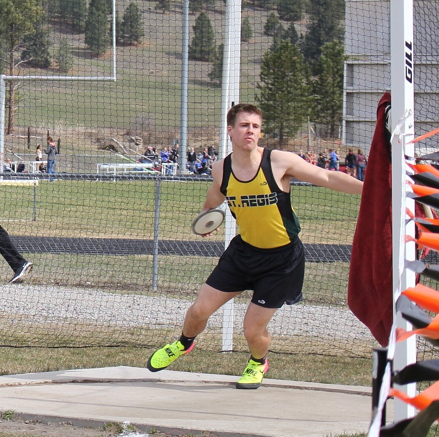 Brock Cantrell-Field from St. Regis finished in third place in both discus and javelin and fourth in shot put at the Frenchtown meet, with his eyes on State. (Kathleen Woodford/Mineral Independent).