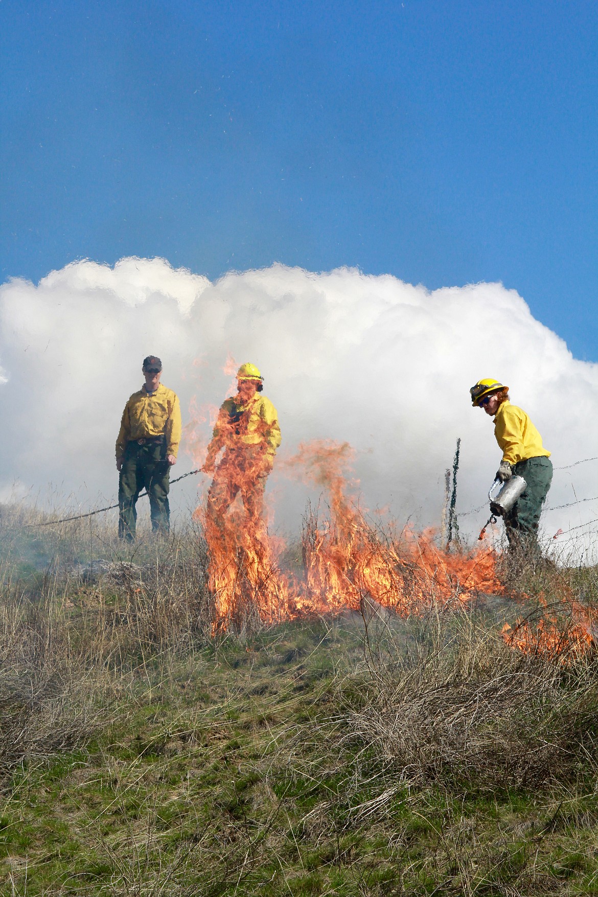 Plains-Paradise Rural Fire Department members from left: Marlin Cooper, Brian Reed, and Ian Smith are working on a controlled burn they set and are extinguishing on Upper Lynch Creek near Plains.