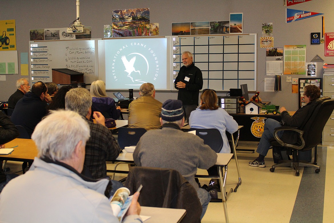 Chanet Stevenson/The Sun Tribune - Dr. Gary Ivey addresses a full class Saturday during his discussion for the 20th Annual Othello Sandhill Crane Festival. He gave his talk on Sandhill Cranes of the Pacific Flyway, discussing the Sandhill crane populations that breed and stage in Washington State and the Pacific Flyway.