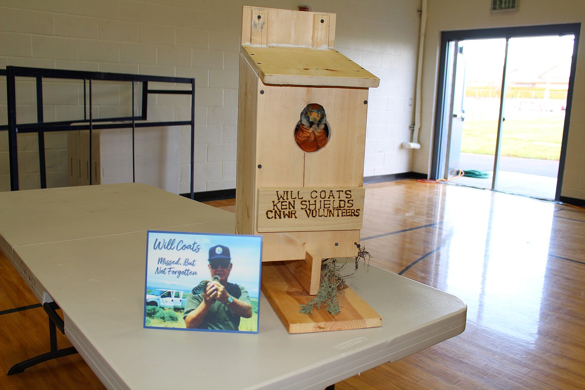 Chanet Stevenson/The Sun Tribune - One of two custom bird houses on display in tribute to Will Coats. Coats, who passed away in January, served as a board member and volunteer for the Othello Sandhill Crane Festival for 20 years. Memorial speeches in his honor were also given Saturday during the 20th Anniversary Celebration.