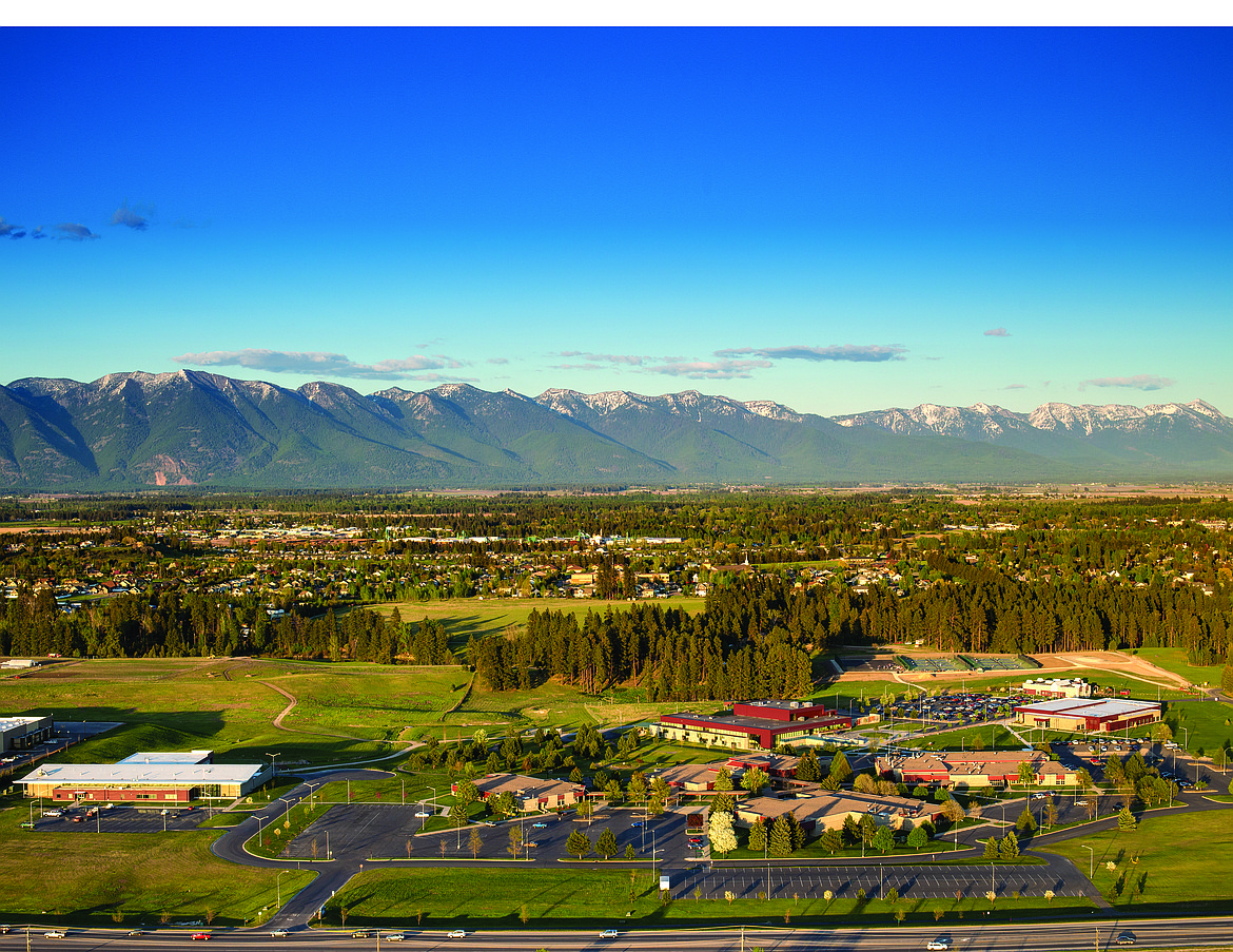 An aerial view shows the Flathead Valley Community College campus in Kalispell. The college is celebrating its 50th anniversary this year. (FVCC photo)