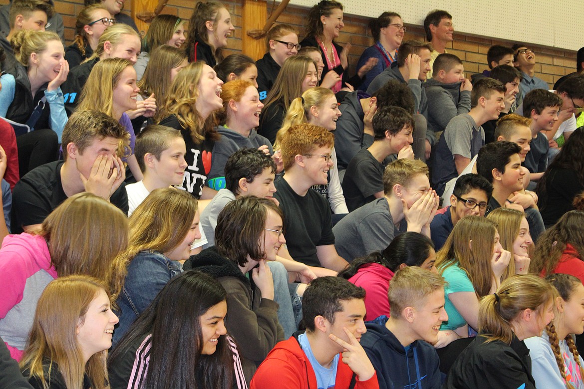 Cheryl Schweizer/Columbia Basin Herald
The sound of Mr. Ross (Ephrata Middle School instructor Aaron Ross) trying to sing provokes a lot of reaction from EMS students at Friday&#146;s annual talent show.