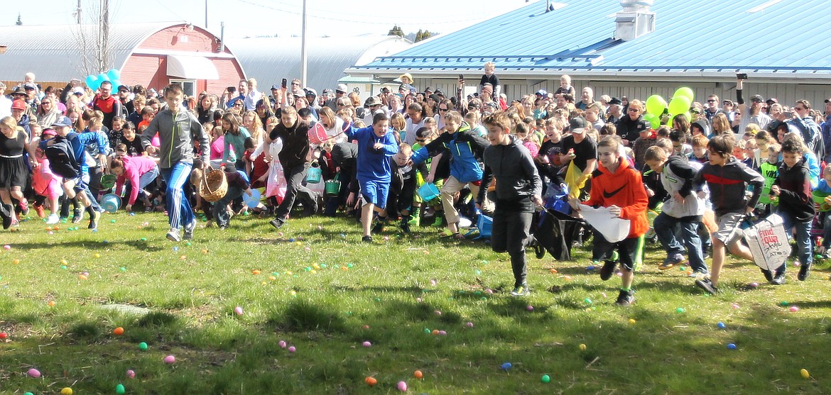 JASON ELLIOTT/Press
Kids ages 7 to 12 scramble to find eggs during Sunday&#146;s Easter at the Fairgrounds event in Coeur d&#146;Alene.