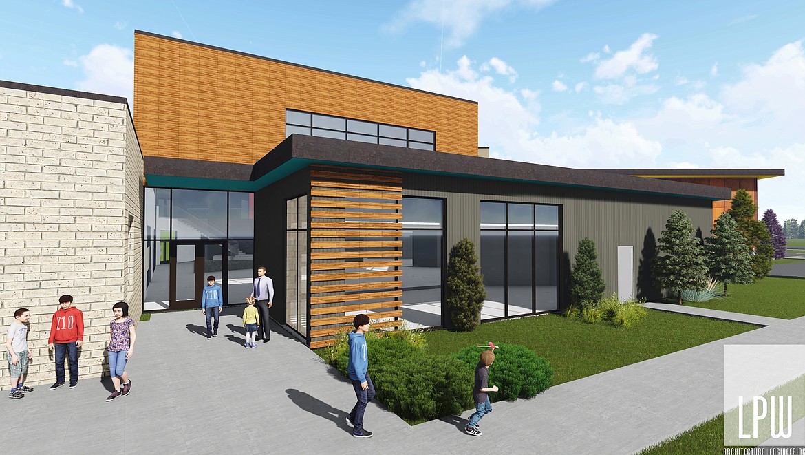 The exterior look of the new south elementary begins to take shape, featuring finishes such as slat-wall panels, masonry and brick veneers and weathering steel in this latest rendering presented to school board trustees by Dani Grebe, project architect with L&#146;Heureux Page Werner on April 11.
