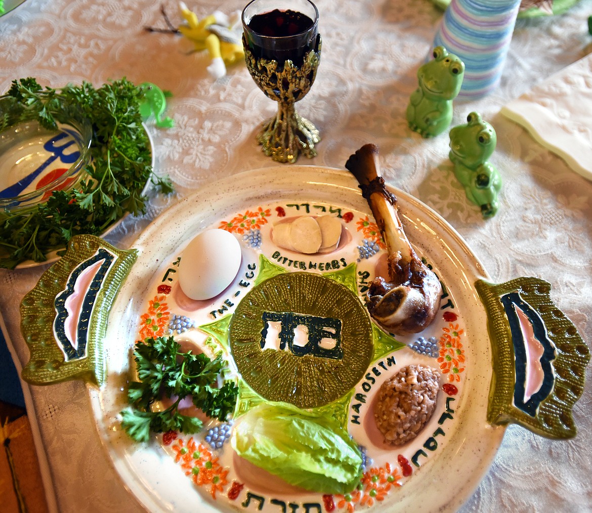 A seder plate displays the six traditional foods eaten at Passover. The plate is one Rabbi Francine Roston made with her daughter at the Stumptown Art Studio in Whitefish.