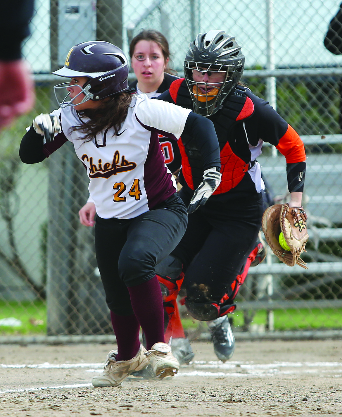 Connor Vanderweyst/Columbia Basin Herald
Moses Lake's Brooklyn Bailey (24) is caught in a rundown trying to score against Davis.