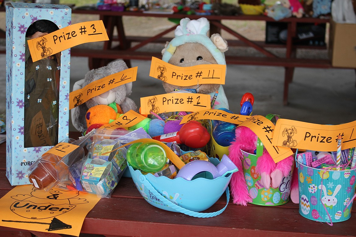 Loads of prizes were donated for the annual Easter Egg Hunt in St. Regis on Saturday. (Kathleen Woodford/Mineral Independent).