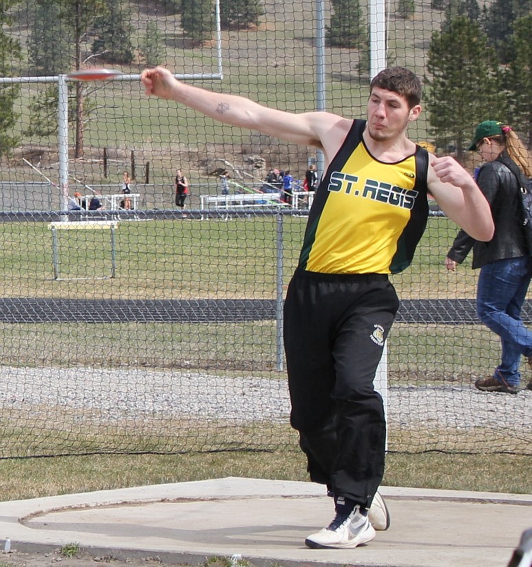 St. Regis Trevor Lowry steps up to throw the discus at a recent track meet in Frenchtown. (Kathleen Woodford/Mineral Independent).