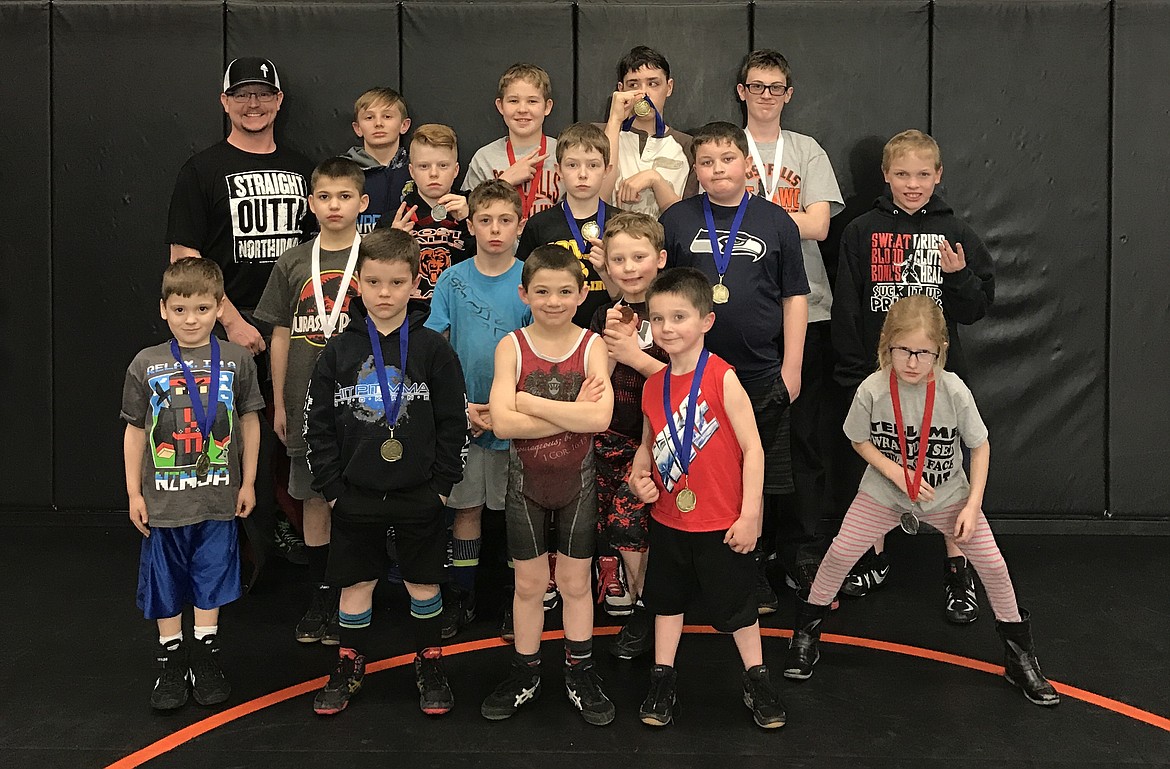 Courtesy photo
Team Real Life wrestlers participated in the 5th Washington Little Guys Wrestling League tournament at West Valley High School in Spokane on April 1. In the front row from left are Jacob Kunzi, 1st; Paxton Purcell, 1st; Lachlann Nilson, 3rd; Ashton Campbell, 1st and Payton Schultz, 2nd; second row from left, Michael Stewart, 3rd; Jacob Aurora, 2nd and Tysen Polozinski, 3rd; third row from left, Bradley Mason, 2nd; Connor McCarroll, 1st; Gavin Winters, 1st and Jonathon Hansen, 3rd; and back row from left, coach Brandon Mason; Walker Rouse, 1st; Keanyn DeGroat, 2nd; Tyler Lafser, 1st and Connor Schultz, 3rd. Also placing, but not pictured: Cole Austin, 1st; Will Rossi, 1st; Justin Donnell, 1st; Damion Hamilton, 1st;  Lane Reardon, 1st; Alex Austin, 2nd; Trey Smith, 2nd; Gavin Rodriquez, 3rd; Matthey Hamilton, 3rd; Sawyer Sage, 3rd and Kendal Sage, 3rd.