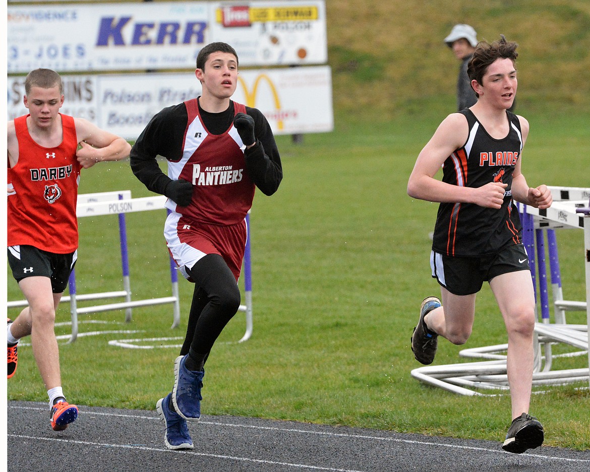 PLAINS HIGH School distance runner Daniel Uli leads the pack in the early-portion of the long-distance competition Thursday afternoon at the Dave Tripp Memorial Track Meet at Polson High School. (Jason Blasco photos/Lake County Leader)