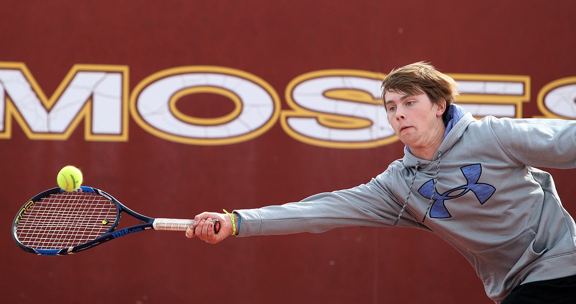 Rodney Harwood/Columbia Basin HeraldMoses Lake No. 1 singles player Trenton Vance stretches to make a return during his match on Tuesday against West Valley.