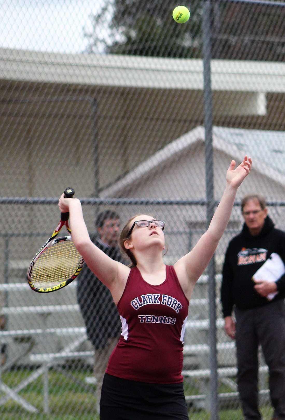 Clark Fork tennis player, Emma Hopwood takes a swing during a match against Ronan in Superior on April 6. (Kathleen Woodford/Mineral Independent).