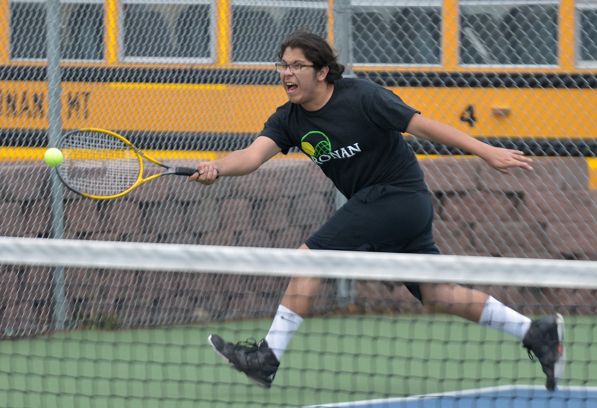 RONAN BOYS tennis player Thomas Yellowbird returns a forehand blast from a Libby player Tuesday afternoon at Ronan High School. (Photo Courtesy of Jim Blow)