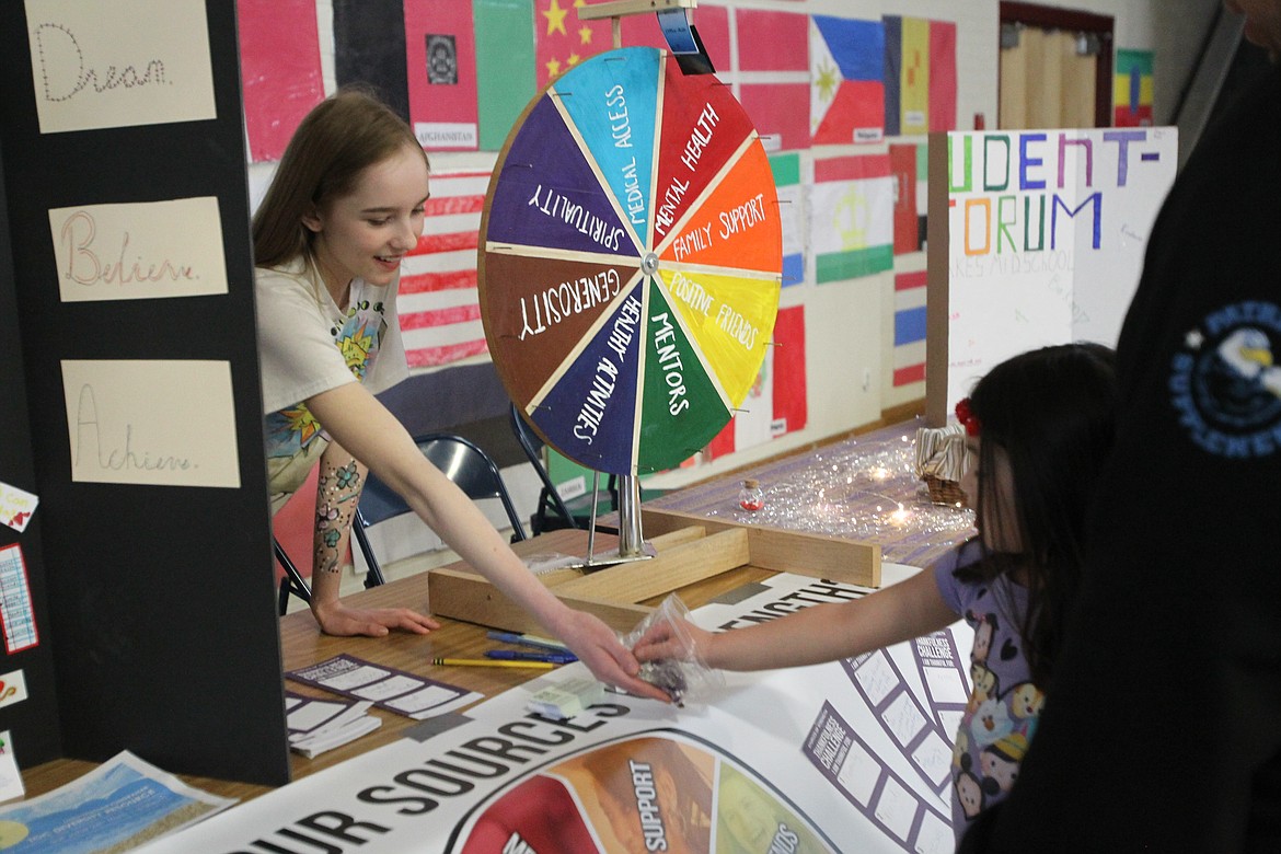 DEVIN HEILMAN/Press
Lakes Magnet Middle School seventh-grader Vanessa Dimberg hands a piece of candy to Hana Blickenderfer after she spun the informational wheel at Vanessa&#146;s booth during the Multicultural Faire in the school&#146;s gym Saturday. Vanessa represented Sources of Strength, a program that uses peer social networks to change unhealthy norms and prevent youth suicide.