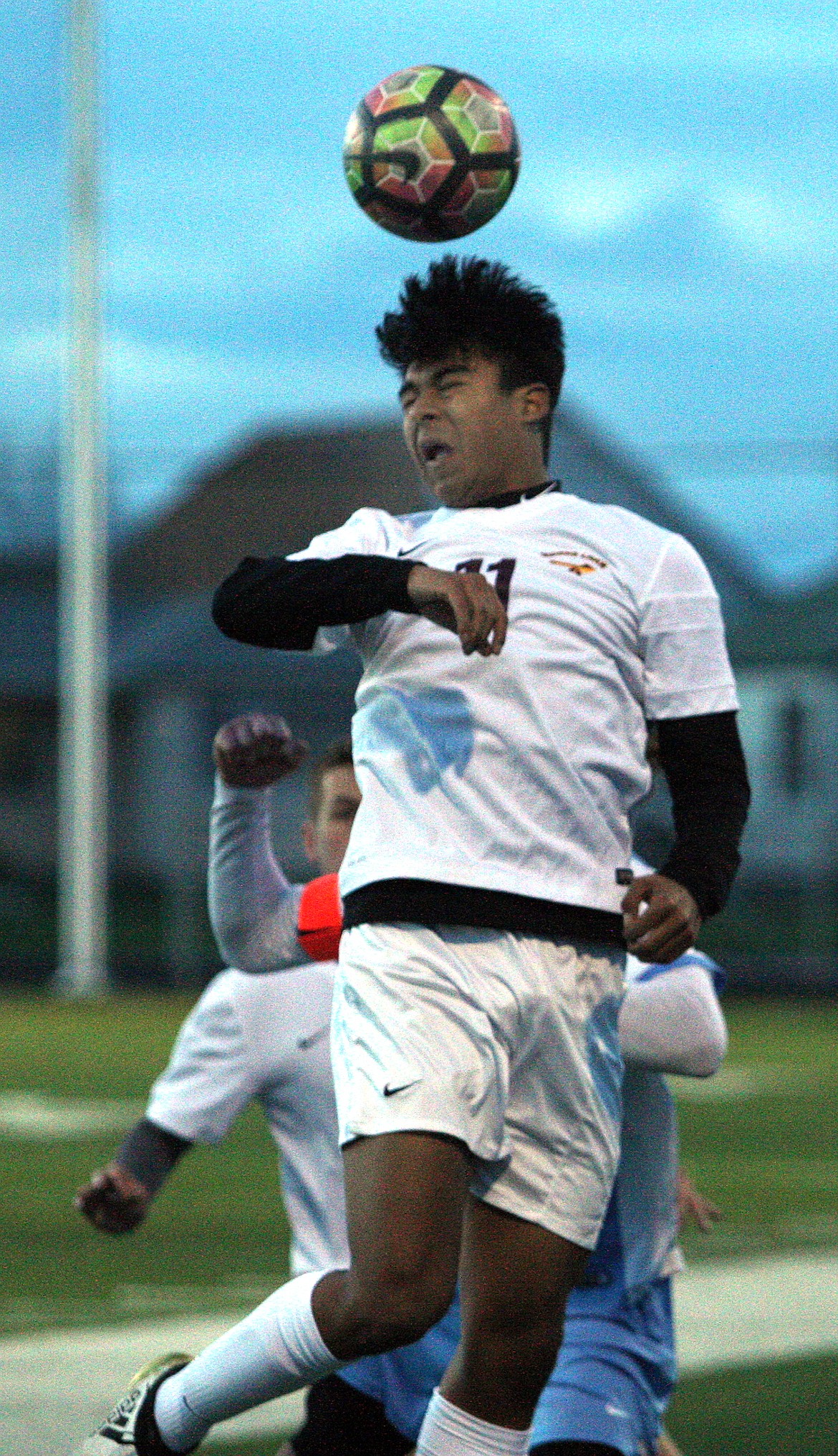 Rodney Harwood/Columbia Basin Herald
Moses Lake defender Alex Velasquez heads the ball at the midfield during the first half of Friday&#146;s match with West Valley. The Chiefs defeated the Rams in a shootout 2-1.
