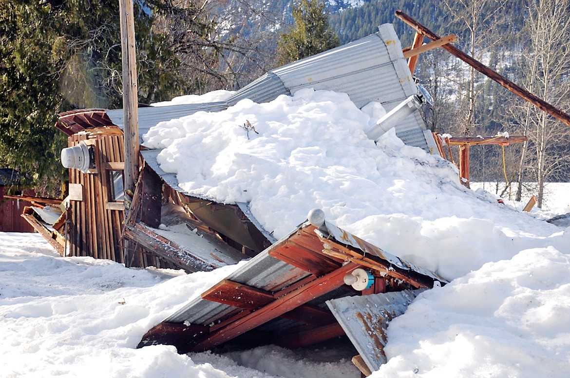 A portion of the remains of the Bull Lake Rod and Gun Club building after snow load collapsed the building. (Bonnie Hudlet for TWN)