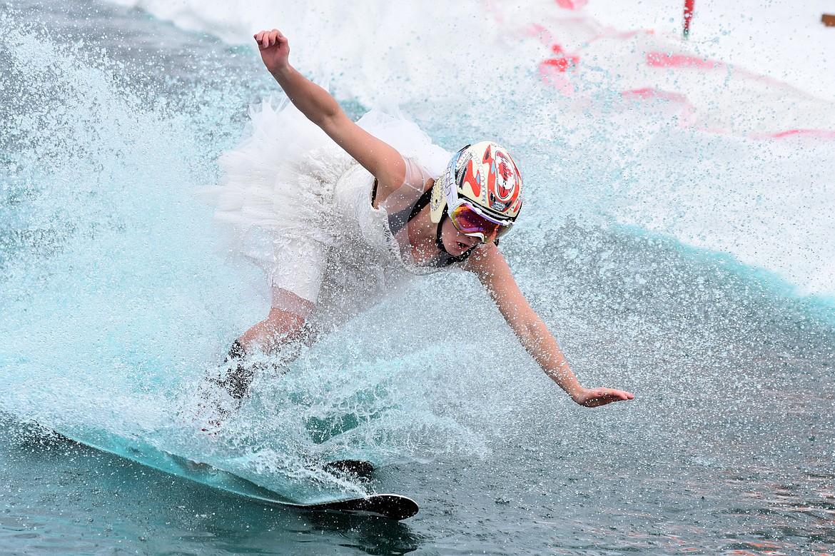 Skiers and snowboarders braved the pond skim competition Saturday at Whitefish Mountain Resort. The annual event marks the end of ski season. (Heidi Desch/Whitefish Pilot)