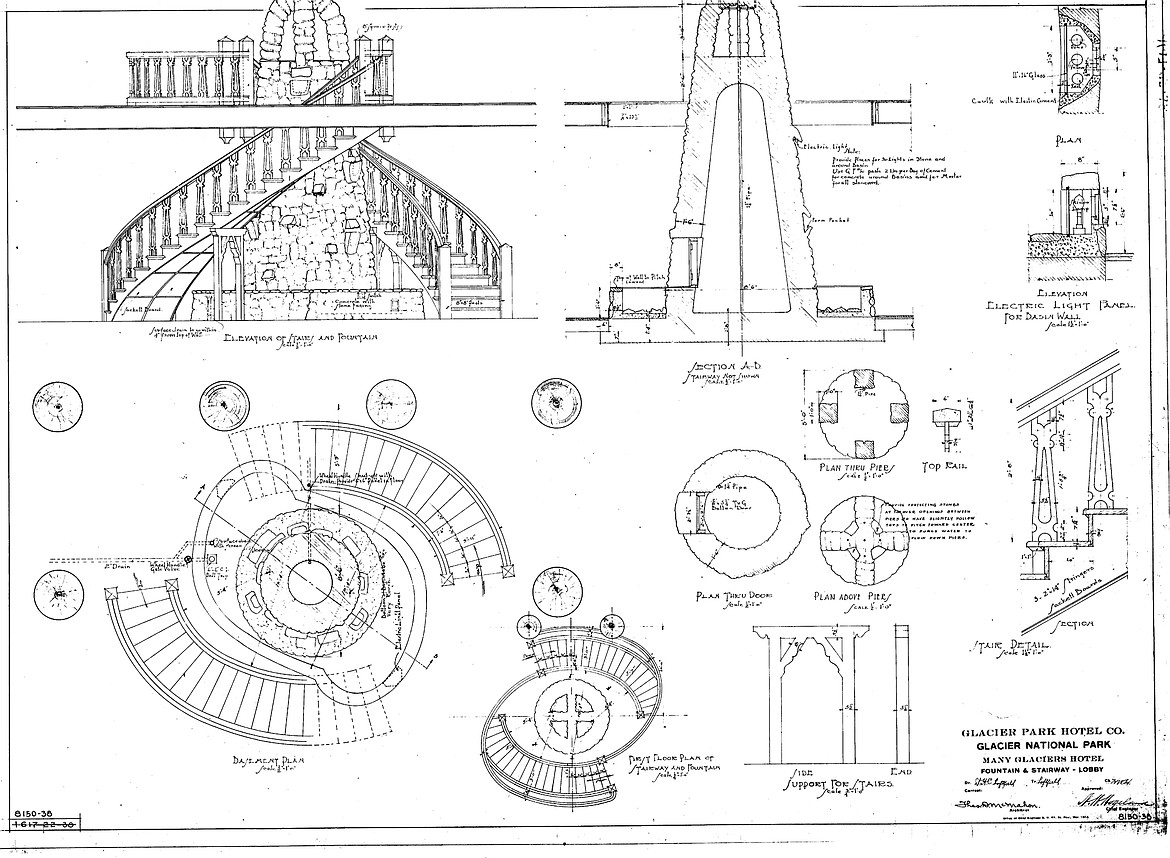 Plans for the spiral staircase from 1915 at Many Glacier Hotel.(Courtesy Photograph)
