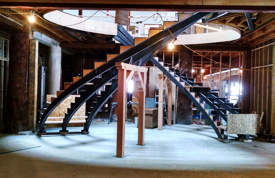 A double-helix staircase is being installed at Many Glacier Hotel on the shore of Swiftcurrent Lake in Glacier National Park. The staircase is a replica from the original hotel built in 1914-15. (Courtesy Photograph)
