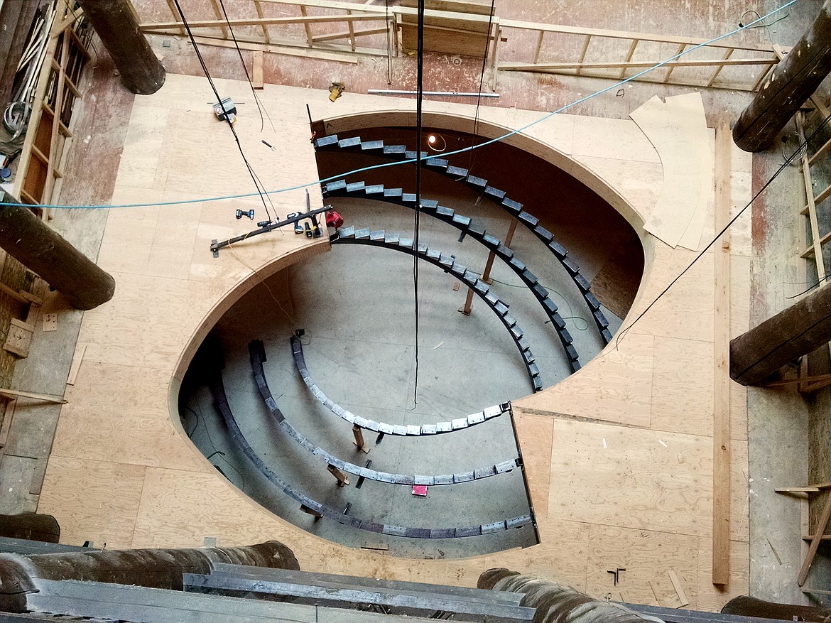 An overview of the installation of a spiral staircase at Many Glacier Hotel. (Courtesy Photograph)