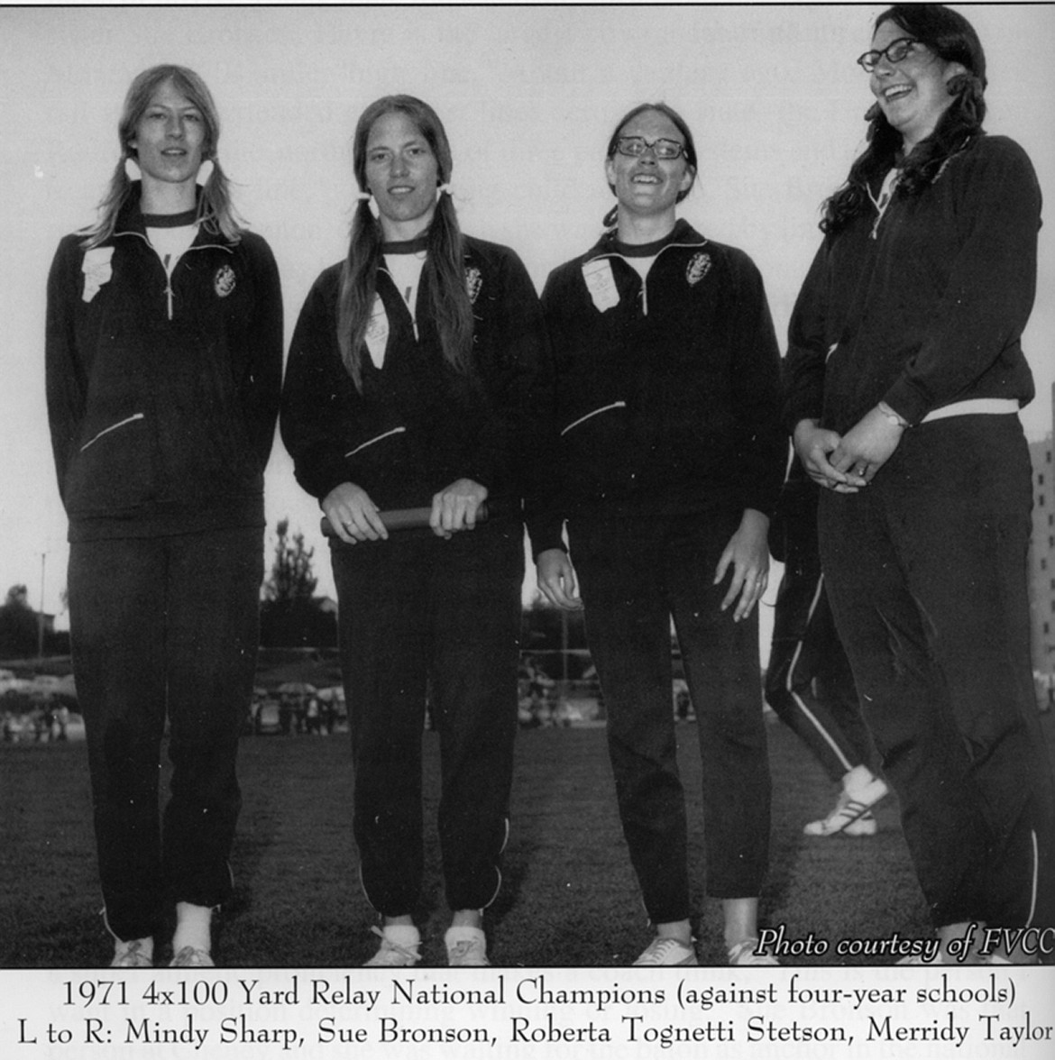 THE 1971 4x100-yard national champion relay team (from left): Mindy Sharp, Susan Bronson, Roberta Tognetti Stetson and Merridy Taylor. (Photo courtesy of Neil Eliason via Flathead Valley Community College)