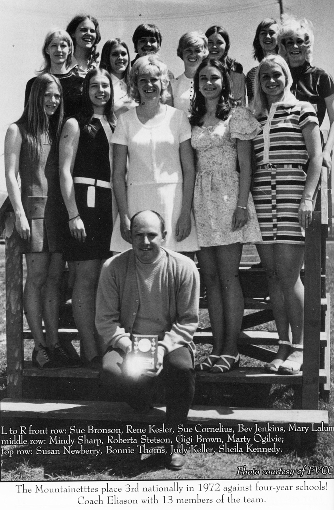 THE MOUNTAINETTES collect their third-place trophy at the 1972 national championships. Top row (from left): Susan Newberry, Bonnie Thoms, Judy Keller and Sheila Kennedy. Middle row: Mindy Sharp, Roberta Stetson, Gigi Brown and Marty Ogilvie. Front row: Sue Bronson, Rene Kesler, Sue Cornelius, coach Neil Eliason (kneeling), Bev Jenkins and Mary Lalum. (Photo courtesy of Neil Eliason via Flathead Valley Community College)