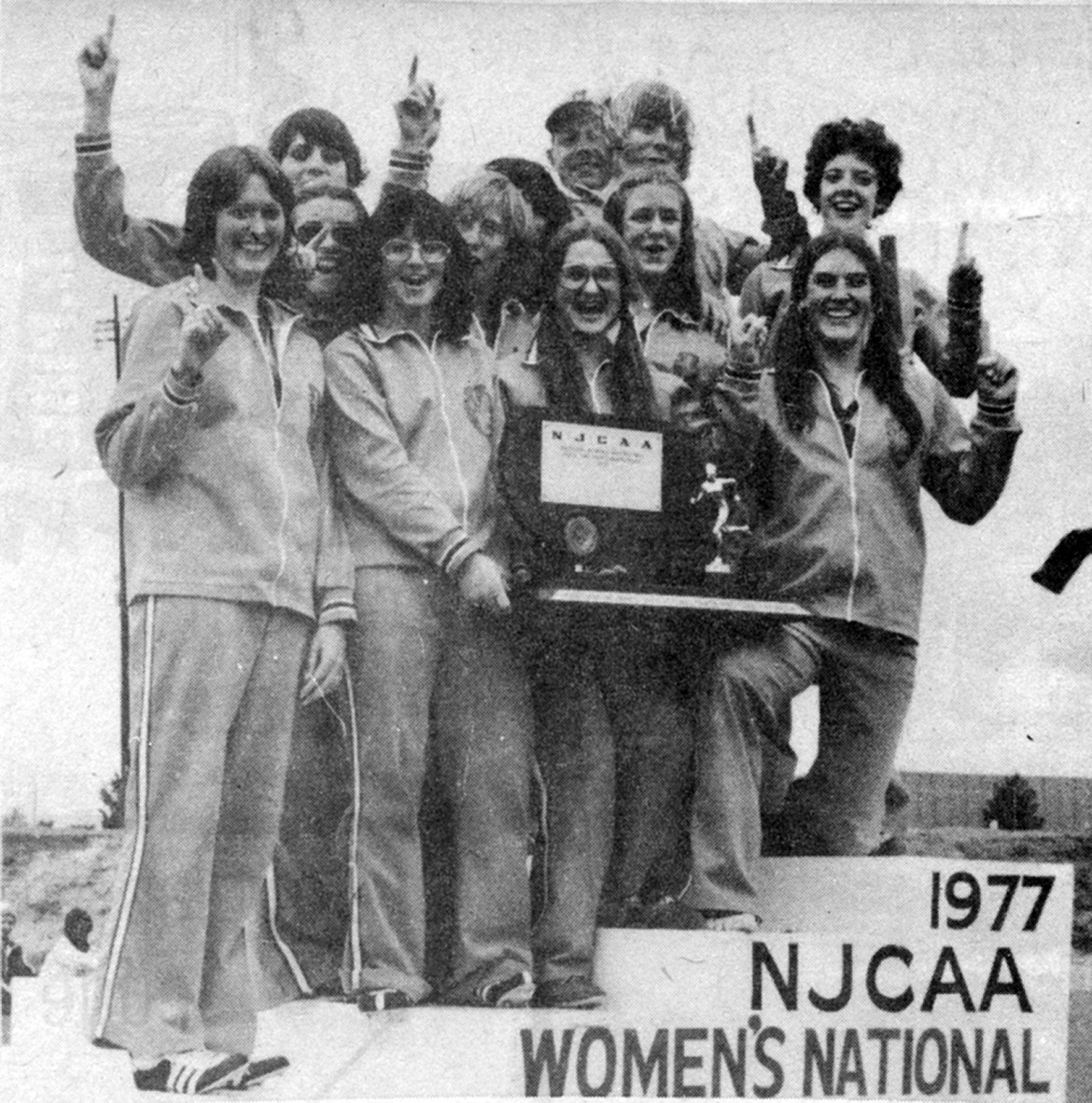 THE MOUNTAINETTES celebrate their 1977 national championship. (Daily Inter Lake, file)