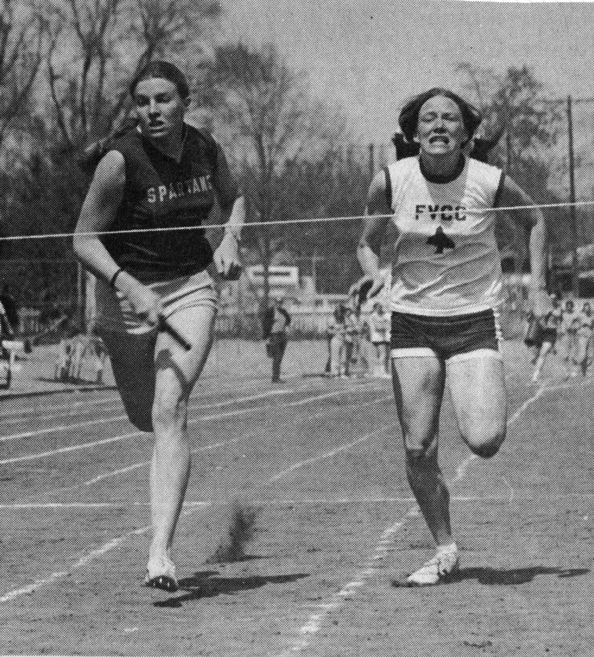 FLATHEAD VALLEY Community College&#146;s Susan Bronson pushes across the finish line first at a meet in 1971. (Daily Inter Lake, file)