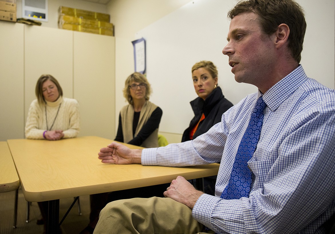 LOREN BENOIT/PressSorensen Magnet School Principal Brett DePew shares stories about his first year at Sorensen and the importance of the school's arts and humanities curriculum at a meeting with the Press Thursday afternoon.