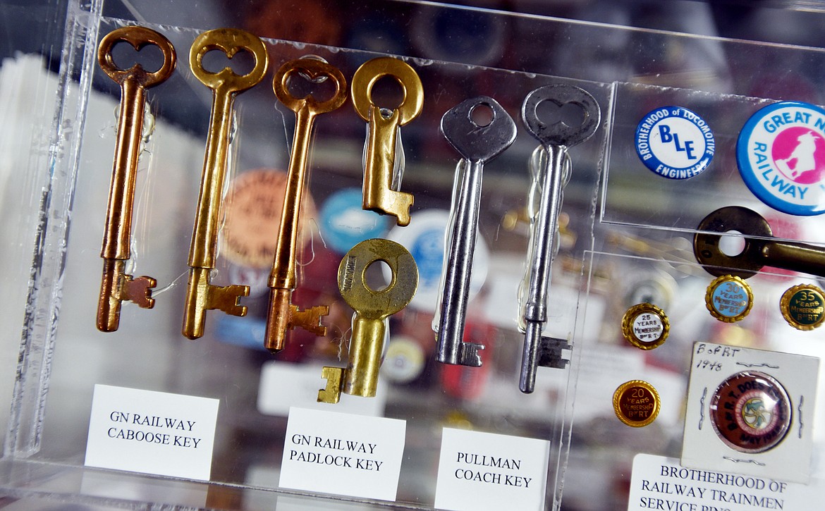 A display of keys and other items of interest at the Whitefish Museum in the historic train depot on Tuesday, March 28.(Brenda Ahearn/Daily Inter Lake)