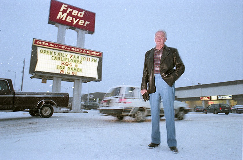 Jack Brown stands outside the Fred Meyer shopping center in 1999 as the store prepared to be converted to a Smith&#146;s. Brown founded the original B&amp;B Grocery store with his brother-in law in 1950. (Inter Lake file photo)