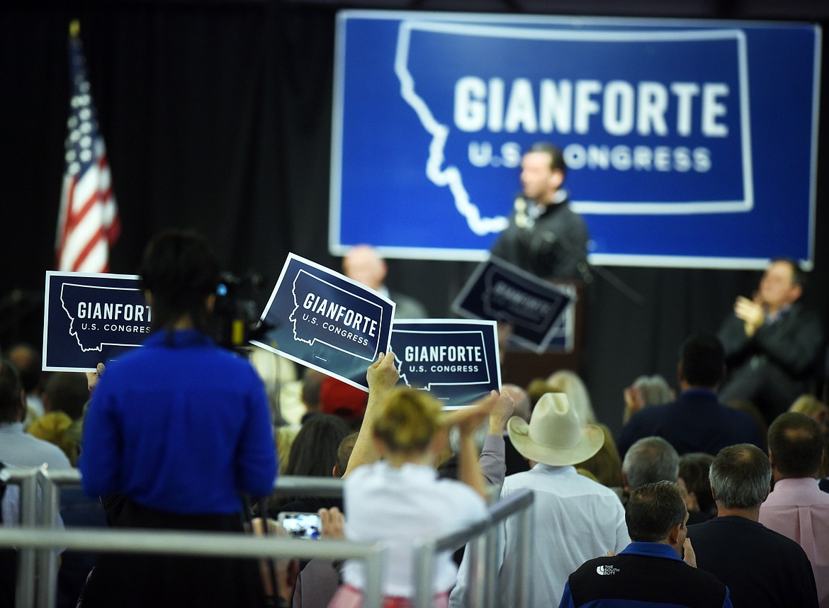Donald Trump Jr., speaking at an event at the Eagle hangar at Glacier Park International Airport north of Kalispell on Friday, April 21.
(Brenda Ahearn/Daily Inter Lake)
