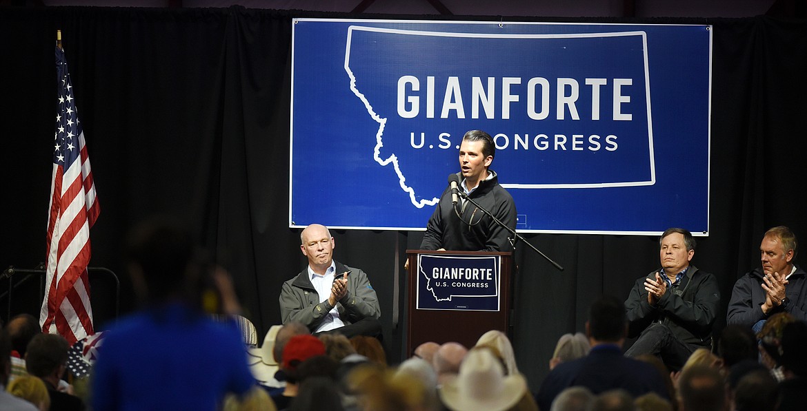 Donald Trump Jr., speaking before more than 400 attendees at a campaign event for Republican candidate for the U.S. Congress Greg Gianforte on Friday, April 21, at the Eagle hangar at Glacier Park International Airport north of Kalispell.
(Brenda Ahearn/Daily Inter Lake)