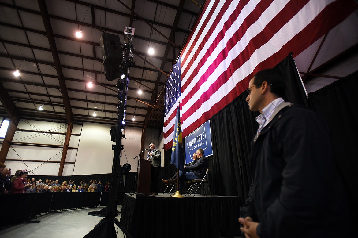 An overview of the Republican candidate Greg Gianforte on Friday, April 21, speaking at an event at the Eagle hangar at Glacier Park International Airport north of Kalispell.
(Brenda Ahearn/Daily Inter Lake)