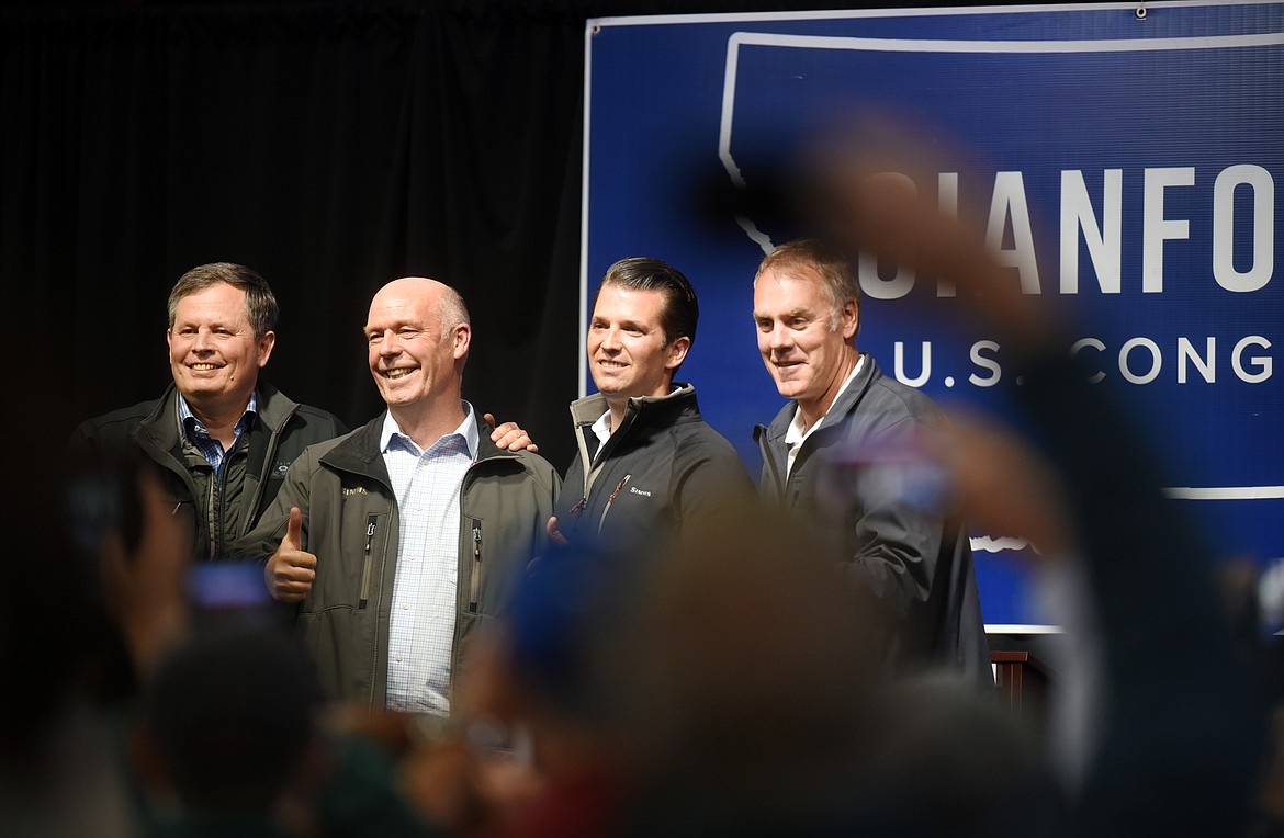 Left to right, Senator Steve Daines, congressional candidate Greg Gianforte, Donald Trump Jr., and Secretary of the Interior Ryan Zinke at a the Eagle hangar at Glacier Park International Airport north of Kalispell.
(Brenda Ahearn/Daily Inter Lake)